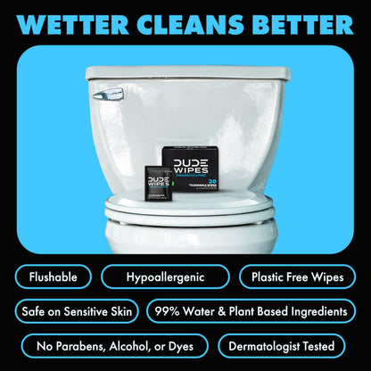 DUDE Wipes On-The-Go Unscented Travel Wipes - 30 Count (Individually Wrapped) - Extra-Large Adult Flushable Wipes for Sensitive Skin - Infused with Vitamin E and Aloe - Septic and Sewer Safe
