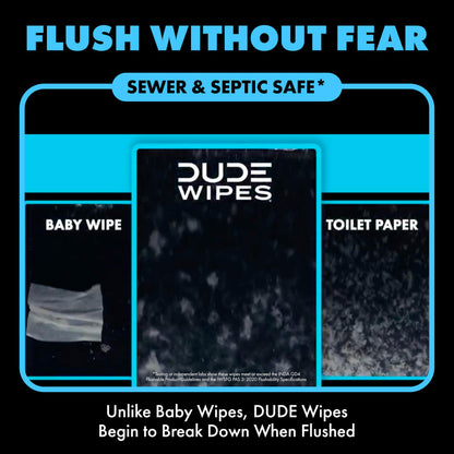 DUDE Wipes On-The-Go Unscented Travel Wipes - 30 Count (Individually Wrapped) - Extra-Large Adult Flushable Wipes for Sensitive Skin - Infused with Vitamin E and Aloe - Septic and Sewer Safe